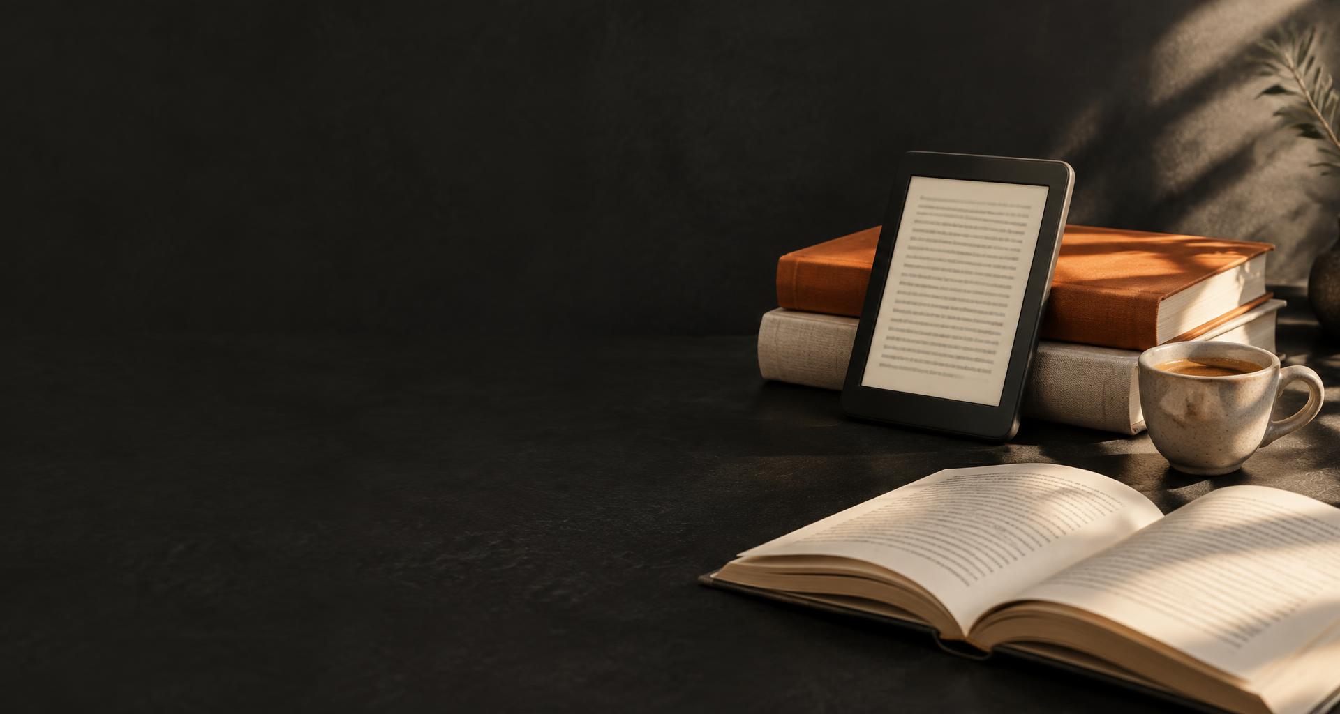 Leitor digital, livros e café em um momento de leitura